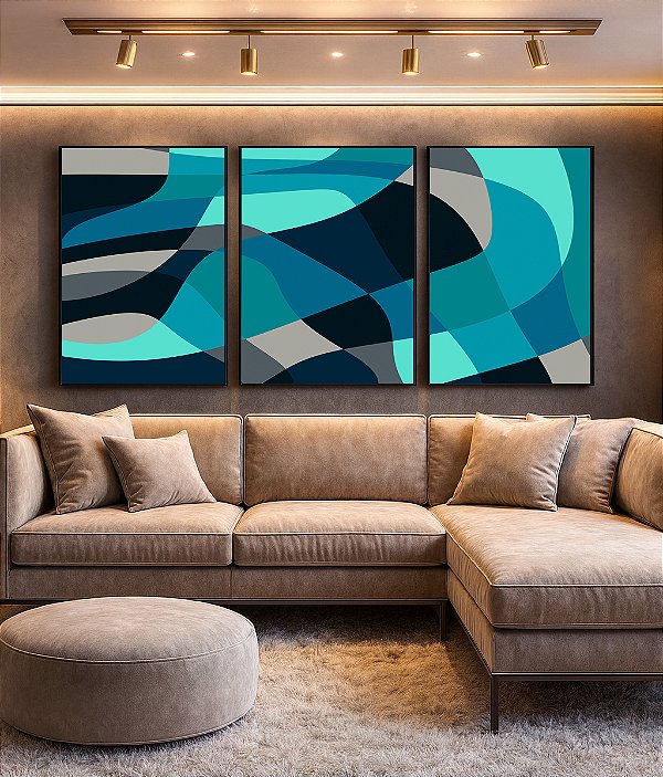 Trio de Quadros Abstrato Mosaico cores Azul Cinza Canvas Moldura