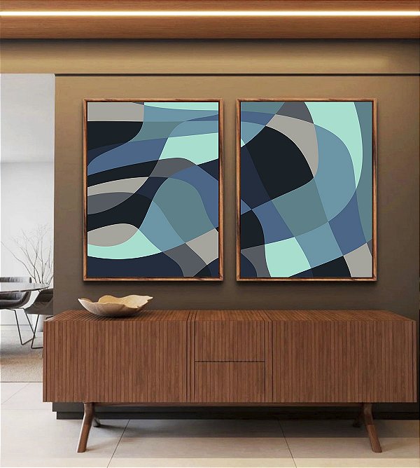 Duo de Quadros Abstrato Mosaico cores Azul Cinza Canvas Moldura