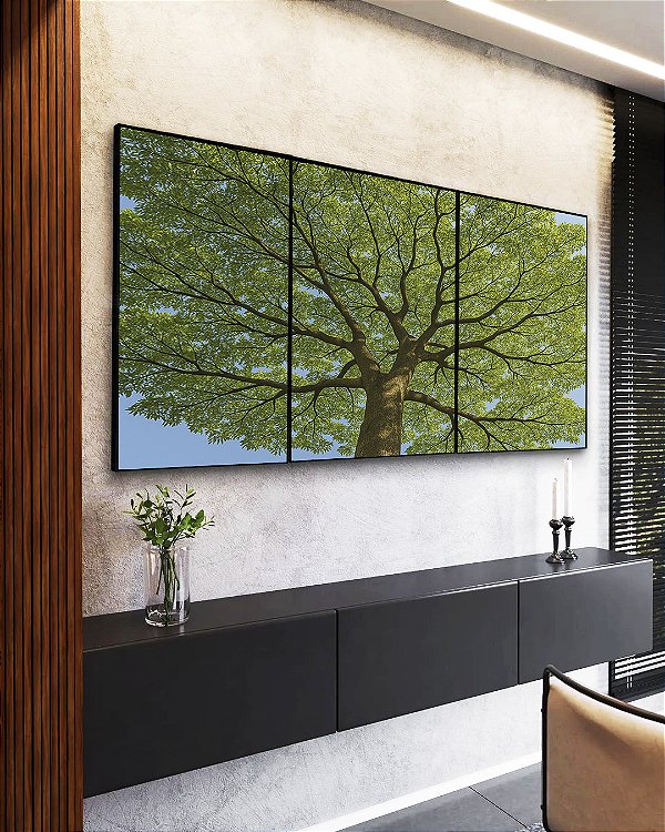 Trio de Quadros Natureza Árvore de Folhas Verdes Paisagem Canvas Moldura