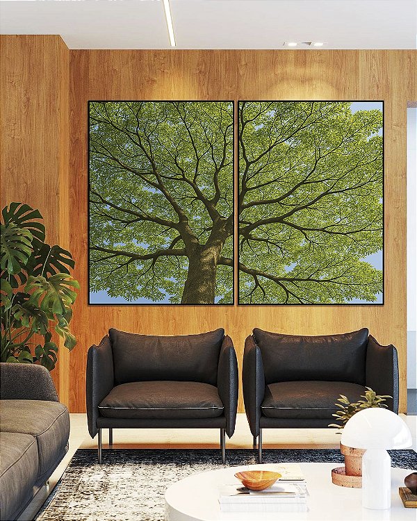 Duo de Quadros Natureza Árvore de Folhas Verdes Paisagem Canvas Moldura