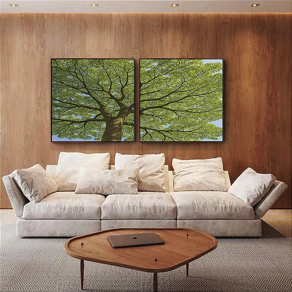 Duo de Quadros Quadrados Natureza Árvore de Folhas Verdes Paisagem Canvas Moldura