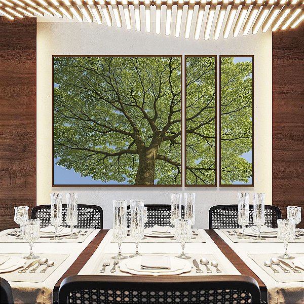 Trio de Quadros Estilizados Natureza Árvore de Folhas Verdes Paisagem Canvas Moldura