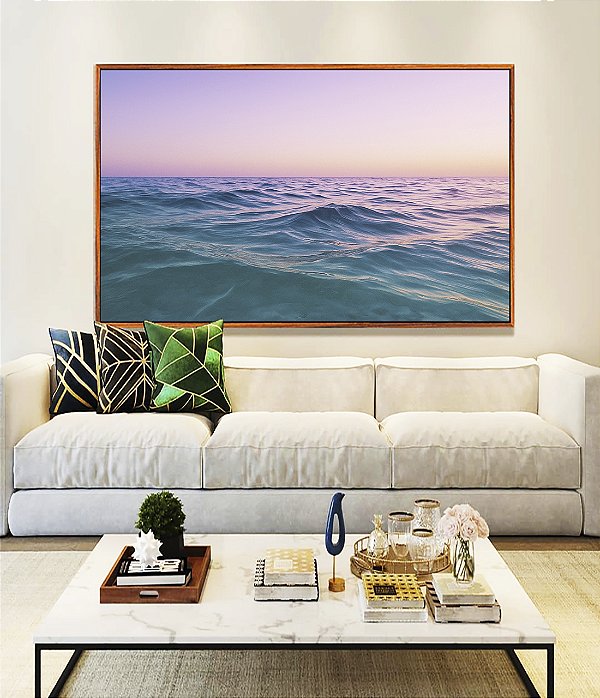 Quadro Horizontal Nascer do Sol Rosa Lilás Mar Azul Natureza Canvas Moldura