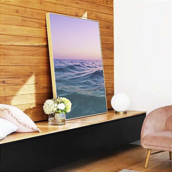 Quadro Vertical Nascer do Sol Rosa Lilás Mar Azul Natureza Canvas Moldura