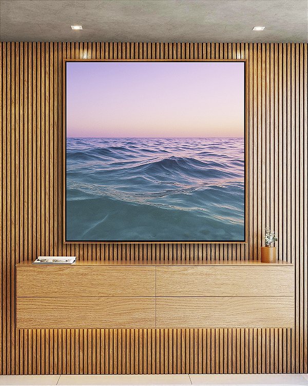 Quadro Quadrado Nascer do Sol Rosa Lilás Mar Azul Natureza Canvas Moldura