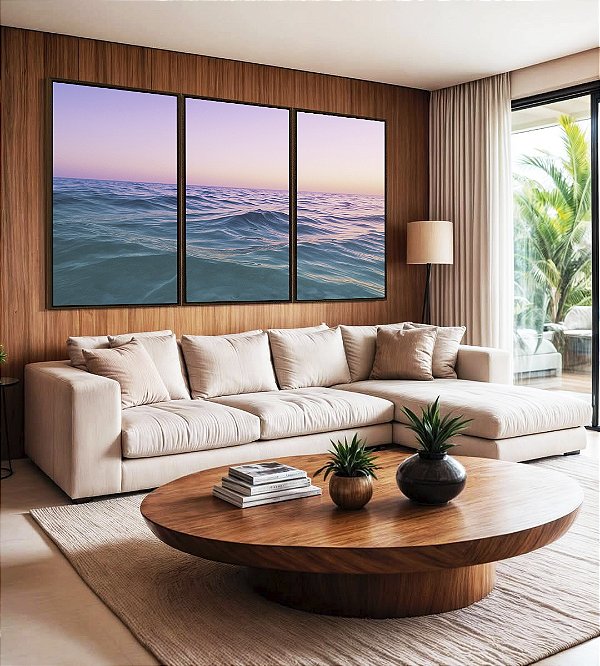 Trio de Quadros Nascer do Sol Rosa Lilás Mar Azul Natureza Canvas Moldura