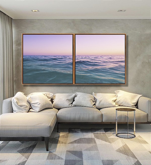 Duo de Quadros Quadrados Nascer do Sol Rosa Lilás Mar Azul Natureza Canvas Moldura