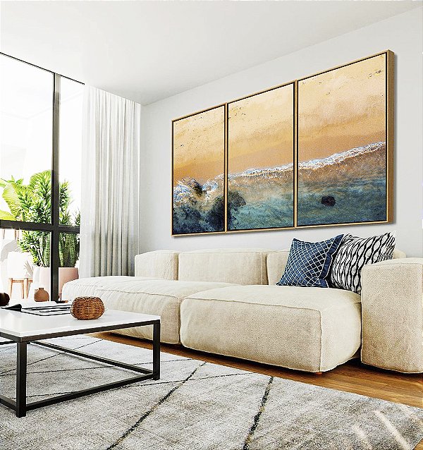 Trio de Quadros Praia Pedras Mar Turquesa Natureza Canvas Moldura