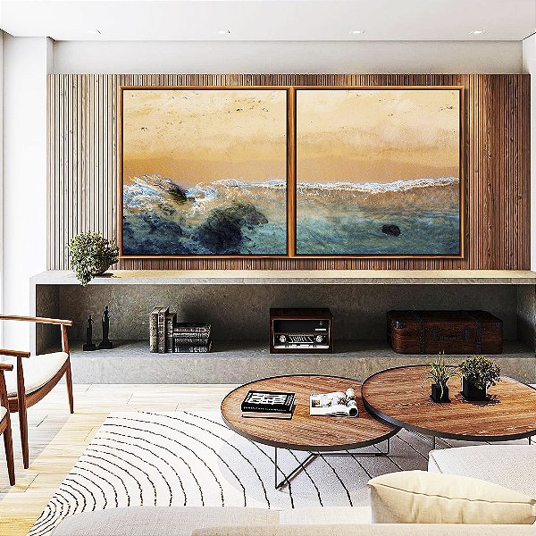 Duo de Quadros Quadrados Praia Pedras Mar Turquesa Natureza Canvas Moldura