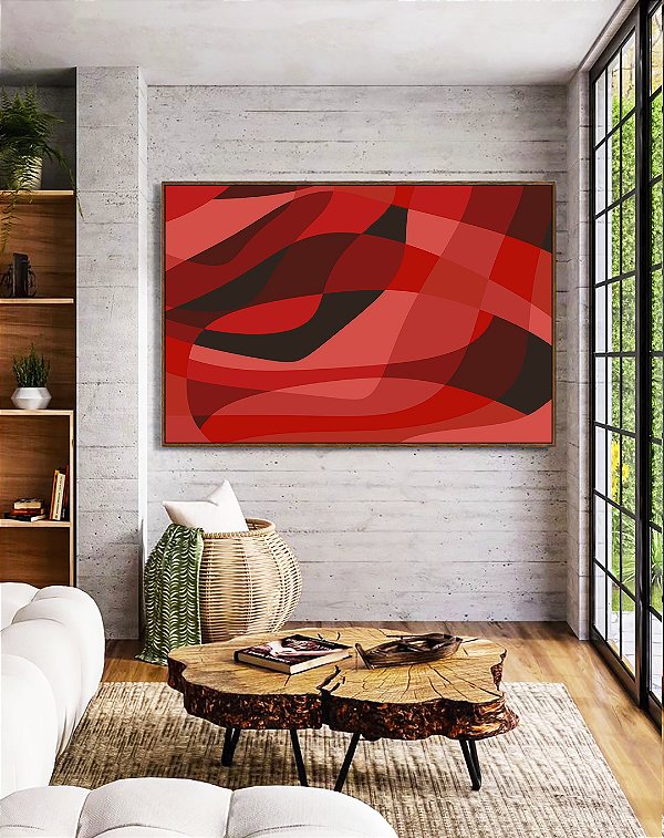 Quadro Horizontal Abstrato Tons de Vermelho Preto Canvas Moldura