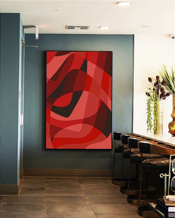 Quadro Vertical Abstrato Tons de Vermelho Preto Canvas Moldura