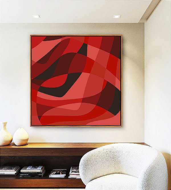 Quadro Quadrado Abstrato Tons de Vermelho Preto Canvas Moldura