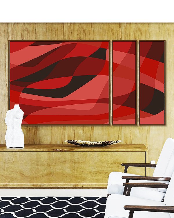 Trio de Quadros Estilizados Abstrato Tons de Vermelho Preto Canvas Moldura