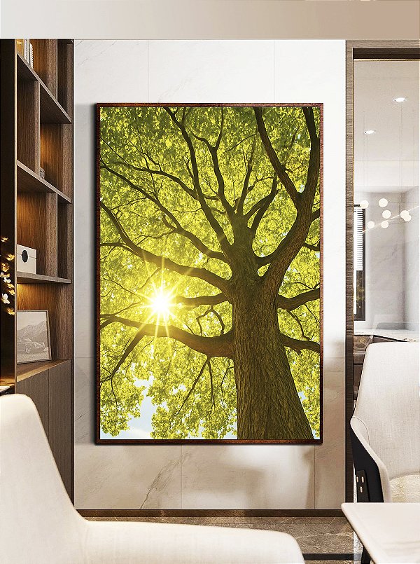 Quadro Vertical Paisagem Copa de Árvore Sol Folhas Verdes Natureza Canvas Moldura