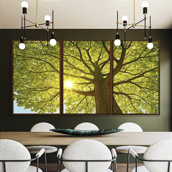 Trio de Quadros Paisagem Copa de Árvore Sol Folhas Verdes Natureza Canvas Moldura