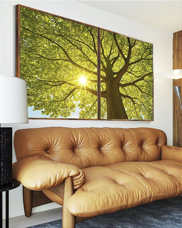 Duo de Quadros Paisagem Copa de Árvore Sol Folhas Verdes Natureza Canvas Moldura