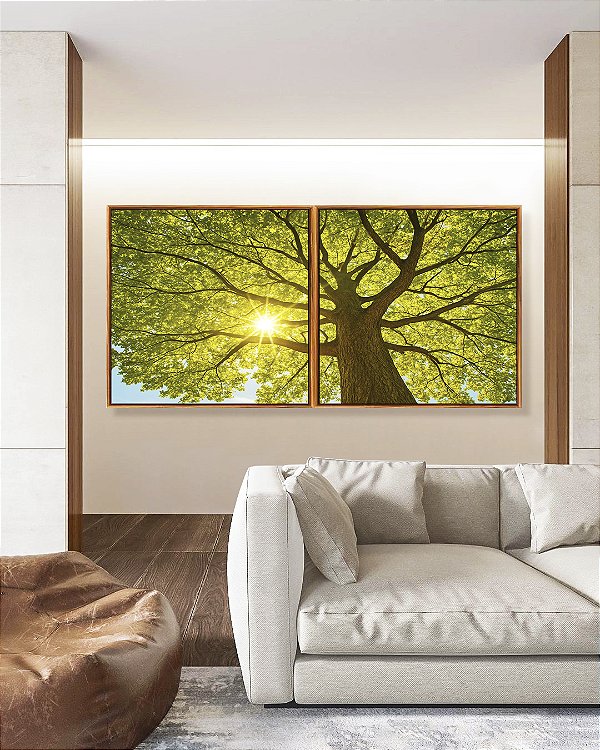 Duo de Quadros Quadrados Paisagem Copa de Árvore Sol Folhas Verdes Natureza Canvas Moldura
