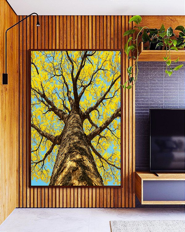 Quadro Vertical Árvore Ipê Amarelo Céu Azul Nartureza Paisagem Canvas Moldura