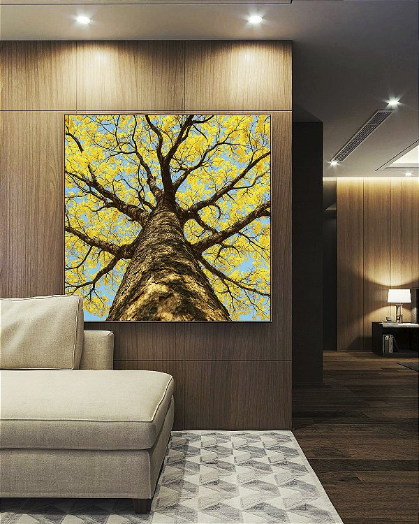 Quadro Quadrado Árvore Ipê Amarelo Céu Azul Nartureza Paisagem Canvas Moldura