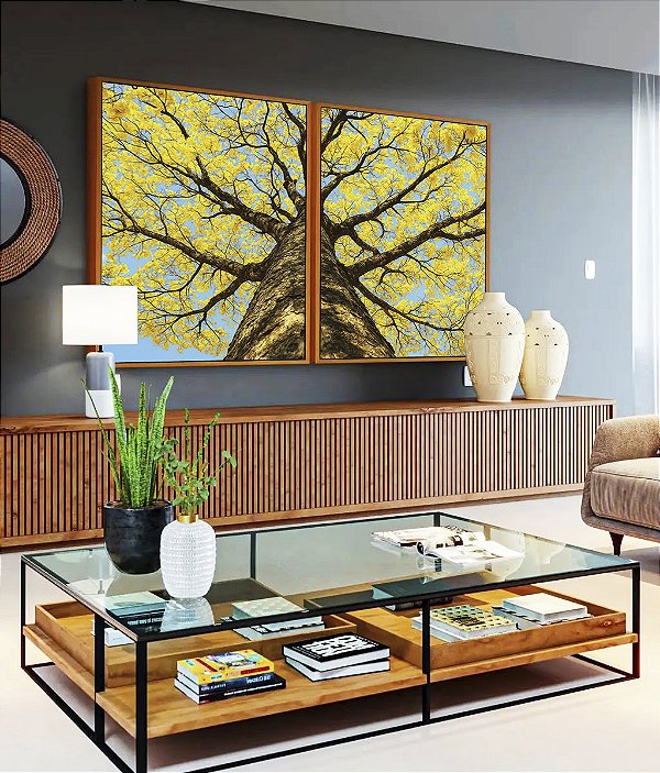 Duo de Quadros Árvore Ipê Amarelo Céu Azul Nartureza Paisagem Canvas Moldura