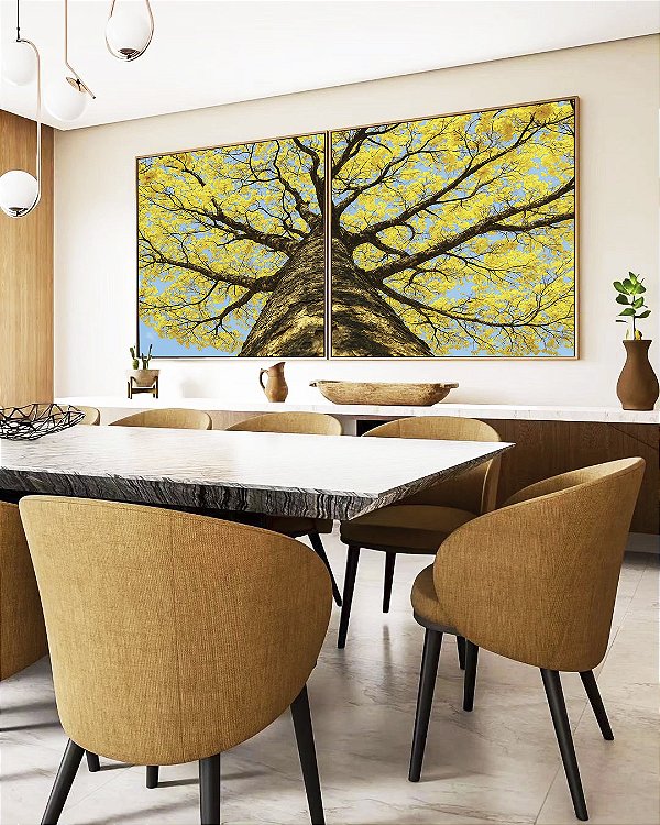 Duo de Quadros Quadrados Árvore Ipê Amarelo Céu Azul Nartureza Paisagem Canvas Moldura