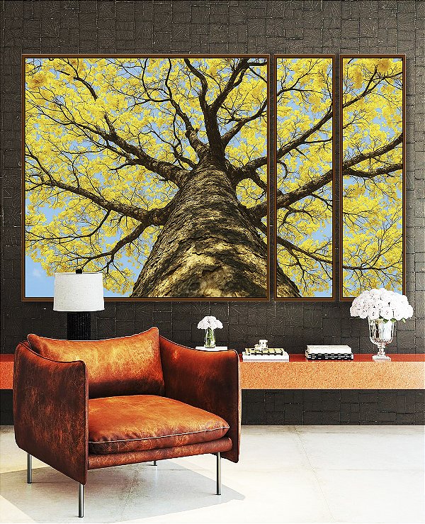 Trio de Quadros Estilizados Árvore Ipê Amarelo Céu Azul Nartureza Paisagem Canvas Moldura