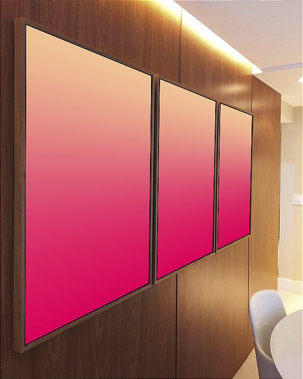 Trio de Quadros Abstrato Degradê Rosa Marfim Canvas Moldura