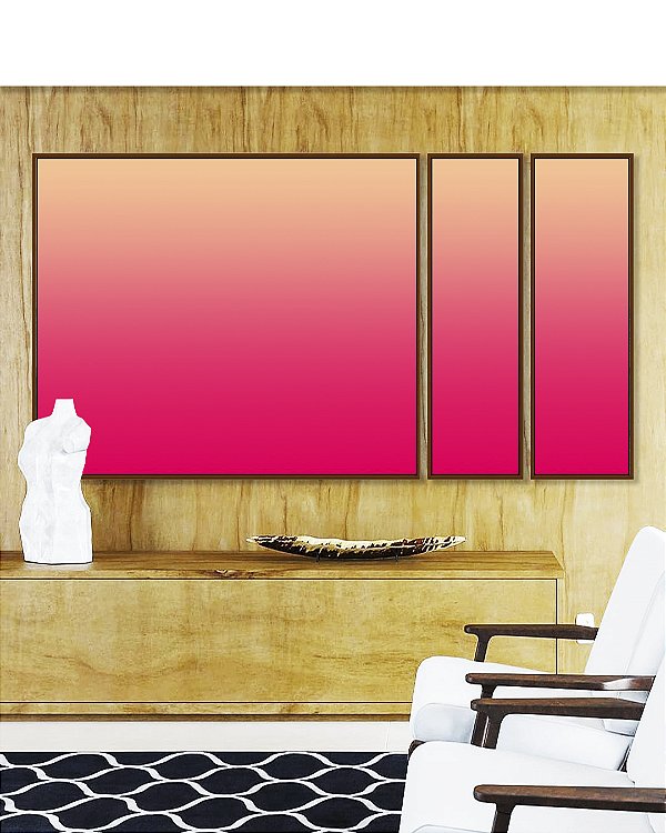 Trio de Quadros Estilizados Abstrato Degradê Rosa Marfim Canvas Moldura