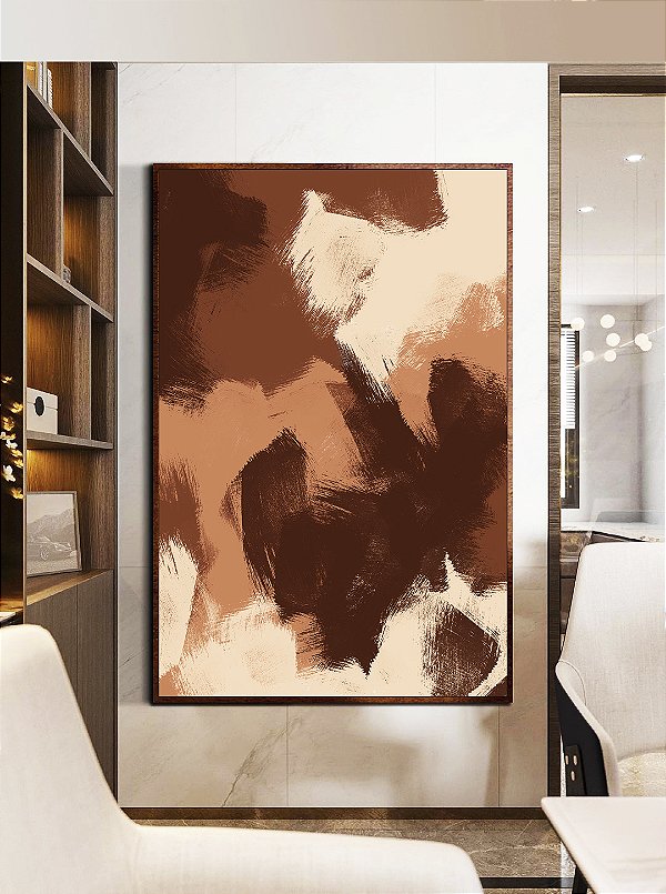 Quadro Vertical Abstrato Efeito Pintura Cor Marrom Pêssego Canvas Moldura
