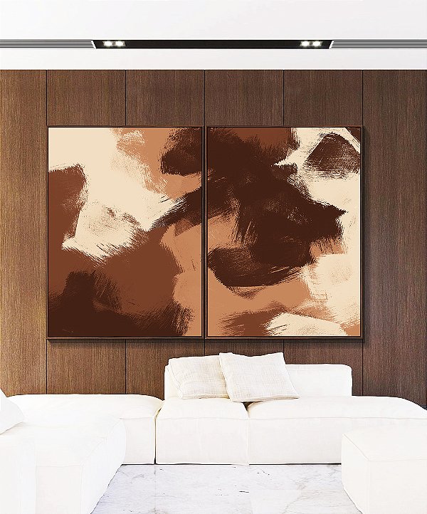 Duo de Quadros Abstrato Efeito Pintura Cor Marrom Pêssego Canvas Moldura