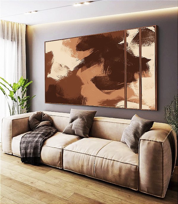 Trio de Quadros Estilizados Abstrato Efeito Pintura Cor Marrom Pêssego Canvas Moldura