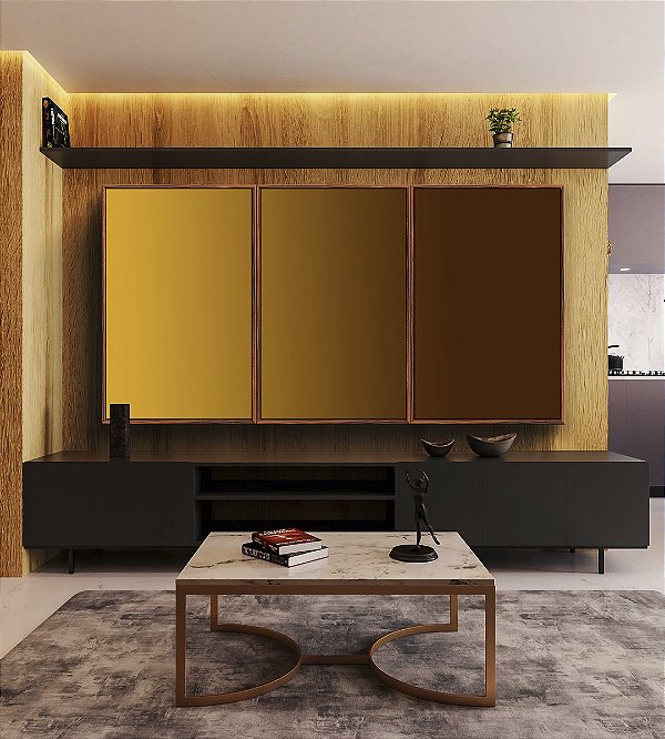 Trio de Quadros Abstrato Degradê Amarelo Mostarda Marrom Canvas Moldura