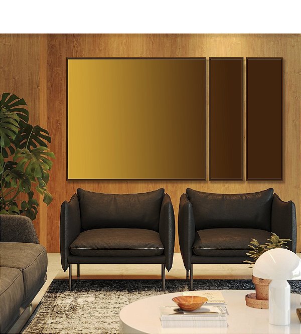 Trio de Quadros Estilizados Abstrato Degradê Amarelo Mostarda Marrom Canvas Moldura