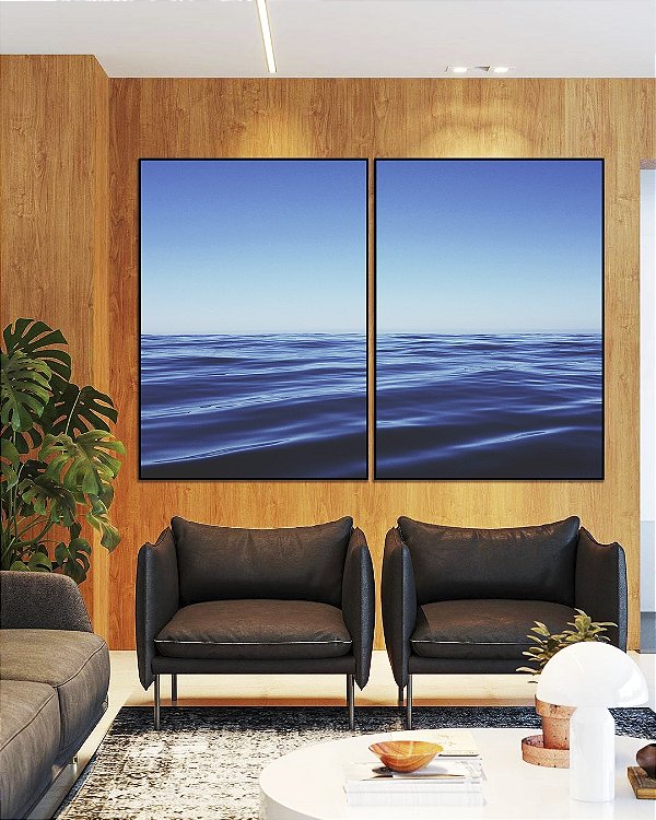 Duo de Quadros Mar Azul Ondulado Ceu Claro Limpo Canvas Moldura