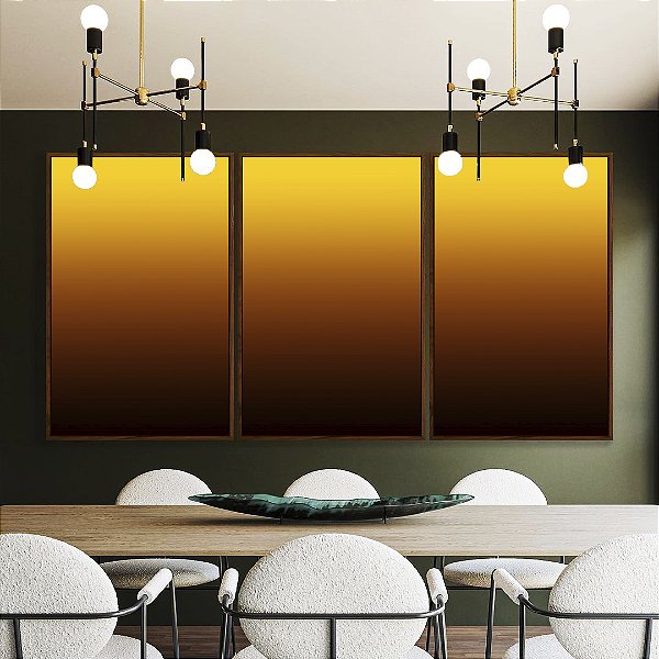 Trio de Quadros Abstrato Degradê Amarelo Mostarda Marrom Canvas Moldura