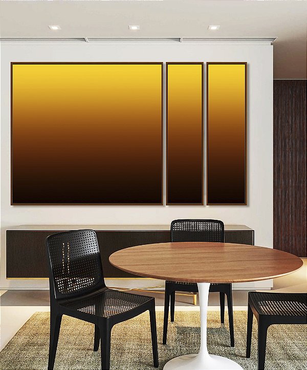 Trio de Quadros Estilizados Abstrato Degradê Amarelo Mostarda Marrom Canvas Moldura