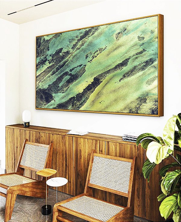 Quadro Horizontal Abstrato Cinza Verde Turquesa Canvas Moldura