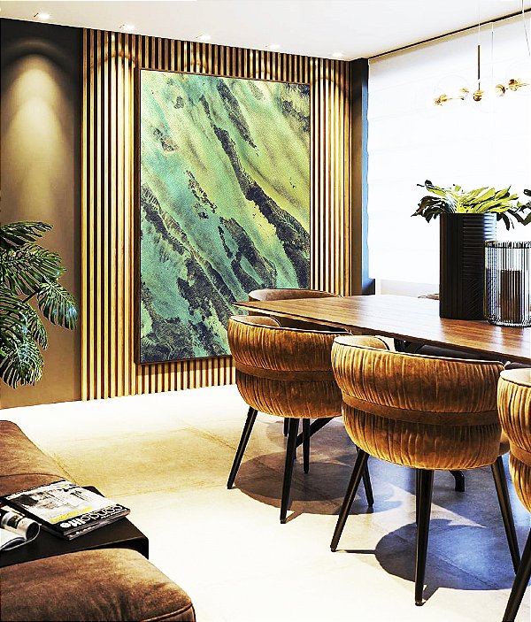 Quadro Vertical Abstrato Cinza Verde Turquesa Canvas Moldura