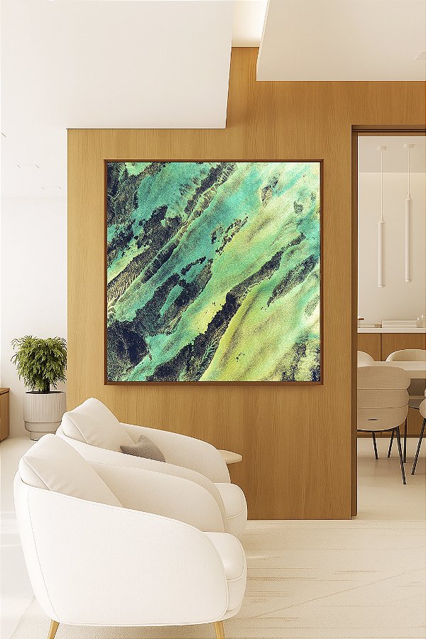 Quadro Quadrado Abstrato Cinza Verde Turquesa Canvas Moldura