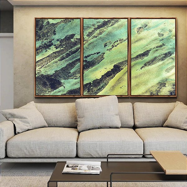 Trio de Quadros Abstrato Cinza Verde Turquesa Canvas Moldura