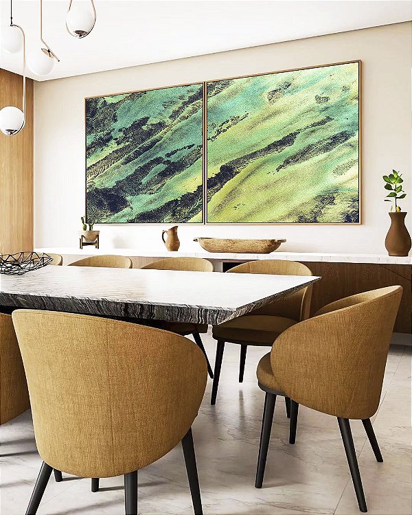 Duo de Quadros Quadrados Abstrato Cinza Verde Turquesa Canvas Moldura