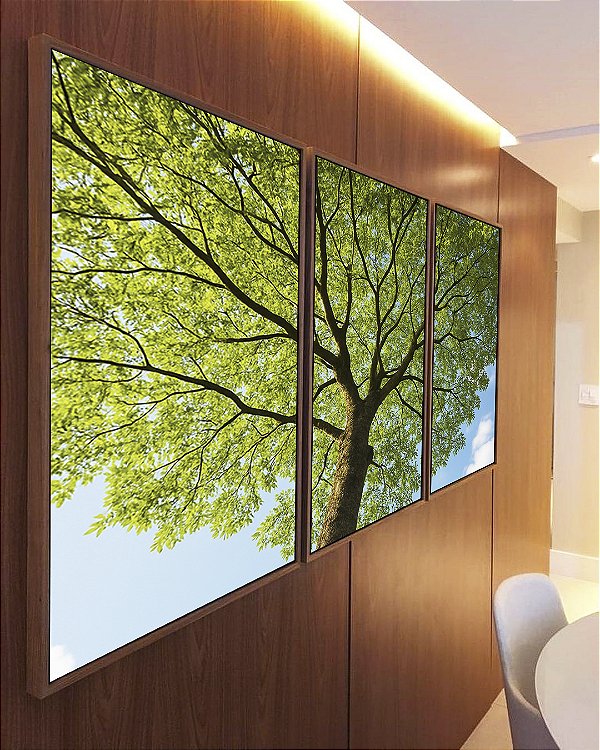 Trio de Quadros Paisagem Copa de Árvore Folhas Verdes Natureza Canvas Moldura