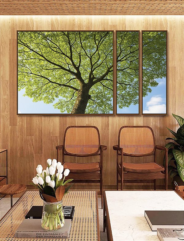 Trio de Quadros Estilizados Paisagem Copa de Árvore Folhas Verdes Natureza Canvas Moldura