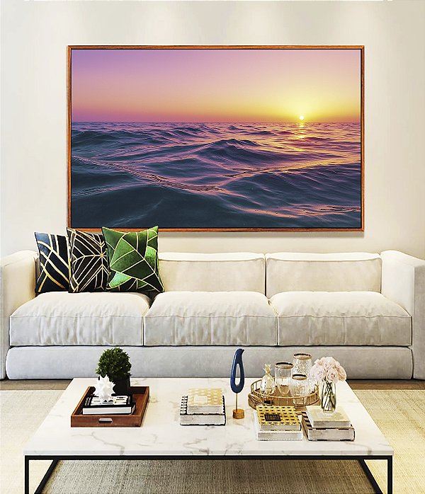 Quadro Horizontal Pôr do Sol Rosa Lilás Mar Ondulado Canvas Moldura