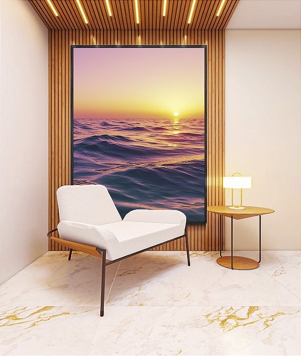 Quadro Vertical Pôr do Sol Rosa Lilás Mar Ondulado Canvas Moldura