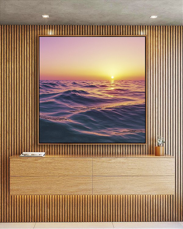 Quadro Quadrado Pôr do Sol Rosa Lilás Mar Ondulado Canvas Moldura