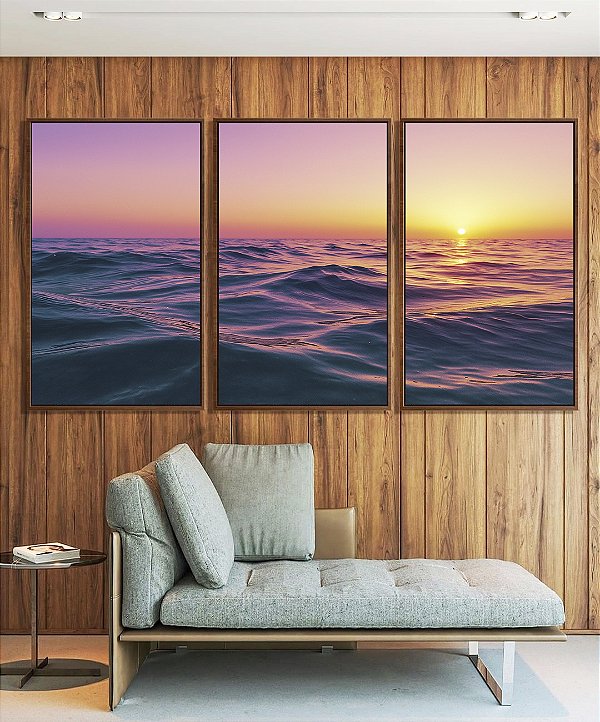 Trio de Quadros Pôr do Sol Rosa Lilás Mar Ondulado Canvas Moldura