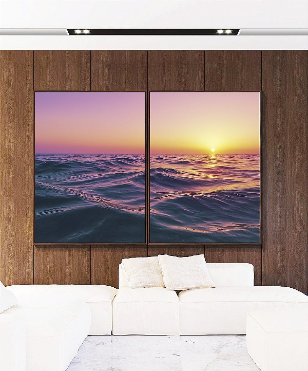 Duo de Quadros Pôr do Sol Rosa Lilás Mar Ondulado Canvas Moldura