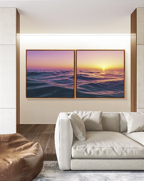 Duo de Quadros Quadrados Pôr do Sol Rosa Lilás Mar Ondulado Canvas Moldura