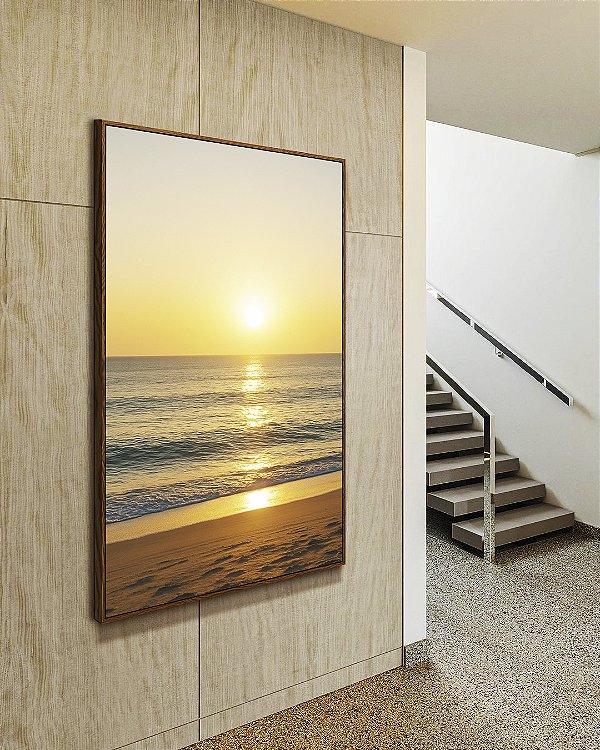 Quadro Vertical Nascer do Sol Mar Prateado Praia Canvas Moldura